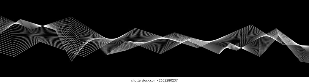 Estrutura de onda linear abstrata branca sobre fundo preto com transições angulares dinâmicas e ritmo geométrico. Conceito de onda sonora digital moderna ou visualização de dados. Vetor EPS 10