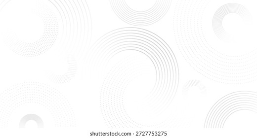 Weißer abstrakter minimalistischer Hintergrund mit Kreislinien und Punktmuster.