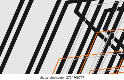 Fondo moderno abstracto blanco con líneas y contornos geométricos negros, grises y naranjas. Ilustración vectorial