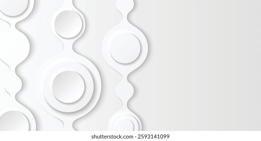 White abstract neumorphism background with overlapping paper cut circles and curved shapes. Subtle shadows and highlights of embossed 3D effect - elegant modern backdrop or banner template design.
