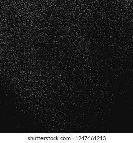 White  Abstract Particles On Black Background. Falling Snowflakes Imitation. Bright Silver Bokeh Texture. Digitally Generated Image. Vector Illustration, Eps 10.