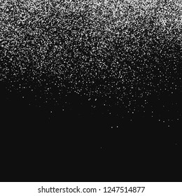 White  Abstract Particles On Black Background. Falling Snowflakes Imitation. Bright Silver Bokeh Texture. Digitally Generated Image. Vector Illustration, Eps 10.