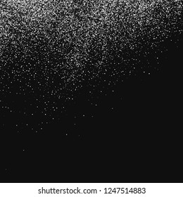 White  Abstract Particles On Black Background. Falling Snowflakes Imitation. Bright Silver Bokeh Texture. Digitally Generated Image. Vector Illustration, Eps 10.