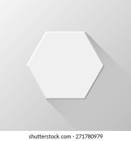 White abstract polygon, hex badge, blank button template flat designed shadow and light background for web user interfaces, UI, applications and apps. Vector illustration.