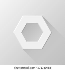 White abstract polygon, hex badge, blank button template flat designed shadow and light background for web user interfaces, UI, applications and apps. Vector illustration.