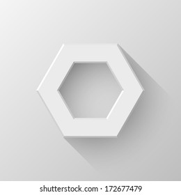 White abstract polygon (hex) sign, blank button template with flat designed shadow and light background for internet sites, web user interfaces (ui) and applications (apps). Vector illustration.