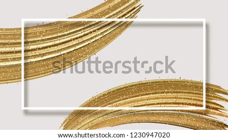 White abstract poster with frame and gold shiny brushstrokes. Creative design template. Vector paper background.