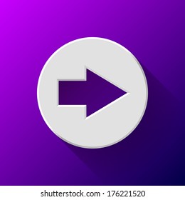 White abstract right arrow sign with flat designed shadow and purple gradient background for web sites, user interfaces (ui), applications (apps) and business presentations. Vector illustration.
