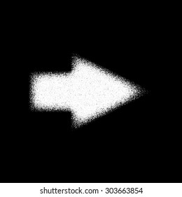 White abstract right arrow sign with film grain, noise, dotwork, grunge texture and black background for logo, design concepts, posters, banners, web, presentations and prints. Vector illustration.