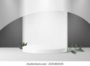 White abstract room with realistic podium and green leaves. 3D scene to showcase your product.