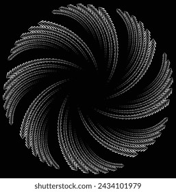  Líneas blancas abstractas rotadas. Forma de vórtice. Arte geométrico. Elemento de diseño. Imagen digital con rayas psicodélicas.Elemento de diseño para impresiones, web, plantilla