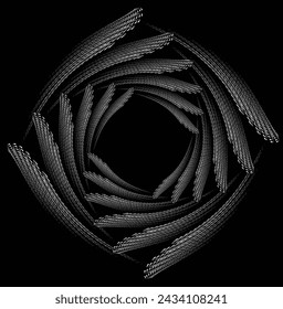 Líneas blancas abstractas rotadas. Forma de vórtice. Arte geométrico. Elemento de diseño. Imagen digital con rayas psicodélicas.Elemento de diseño para impresiones, web, plantilla