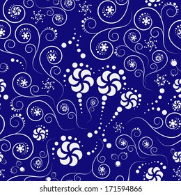 White abstract seamless pattern of flowers and spirals on a blue background