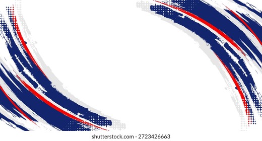 Fondo deportivo abstracto blanco con pinceladas expresivas de pintura roja y azul oscuro con texturas de punto de semitono
