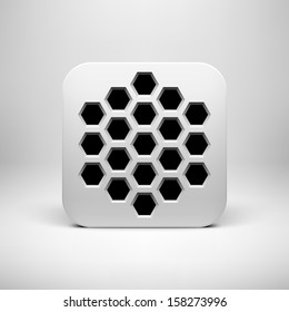 White abstract technology app icon, button template with polygon perforated pattern, realistic shadow and light background for user interfaces (UI), applications (apps) and presentations. Vector.