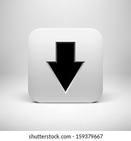 White abstract technology app icon, button template with download arrow sign, realistic shadow and light background for web interfaces (UI), applications (apps) and business presentations. Vector.