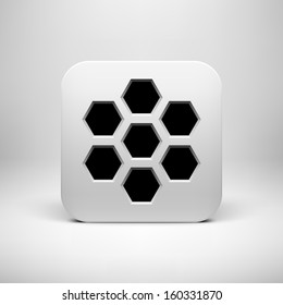 White abstract technology app icon, button template with polygon perforated pattern, realistic shadow and light background for user interfaces (UI), applications (apps) and presentations. Vector.