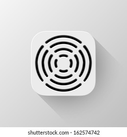 White abstract technology app icon, button template with circle perforated speaker grill pattern, flat designed shadow and light background user interfaces (UI), applications (apps) and presentations.