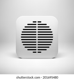 White abstract technology app icon, button template with circle perforated speaker grill pattern, realistic shadow and light background for user interfaces (UI), applications (apps) and presentations.