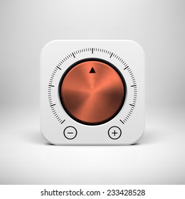 White abstract technology app icon, button template with music volume knob, bronze metal texture (steel, chrome), realistic shadow and light background for user interfaces, UI, applications, apps.