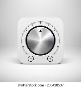 White abstract technology app icon, button template with music volume knob, metal texture (steel, chrome, silver), realistic shadow and light background for user interfaces, UI, applications, apps.