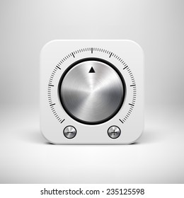 White abstract technology app icon, button template with music volume knob, metal texture (steel, chrome, silver), realistic shadow and light background for user interfaces, UI, applications, apps.
