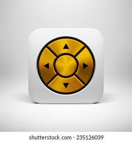 White abstract technology app icon, joystick button template with arrows, gold metal texture (steel, chrome, silver), realistic shadow and light background for user interfaces, UI, applications, apps.