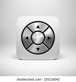 White abstract technology app icon, joystick button template with arrows, metal texture (steel, chrome, silver), realistic shadow and light background for web user interfaces, UI, applications, apps.