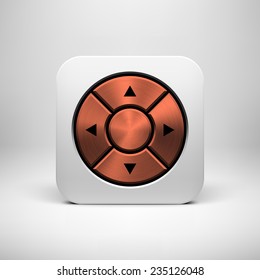 White abstract technology app icon, joystick button template with arrows, bronze metal texture (chrome, copper), realistic shadow and light background for user interfaces, UI, applications, apps.