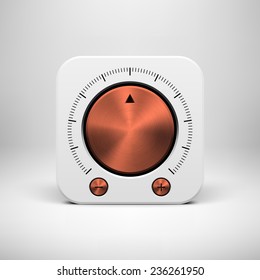 White abstract technology app icon, button template with music volume knob, bronze metal texture (steel, chrome), realistic shadow and light background for user interfaces, UI, applications, apps.