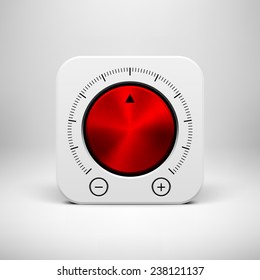 White abstract technology app icon, button template with music volume knob, red metal texture (steel, chrome), realistic shadow and light background for user interfaces, UI, applications, apps.