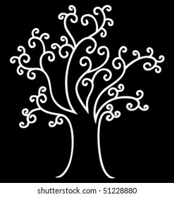 A white abstract tree graphic on a black background.