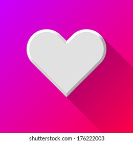 White abstract Valentine's heart sign, blank button template with flat designed shadow and magenta background for internet sites, web user interfaces (ui) and applications (apps). Vector illustration.