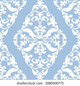 White abstract vintage pattern on blue background. Modern arabic pattern. Seamless background with damask ornament. Background, wallpaper, wrapping, textile template.