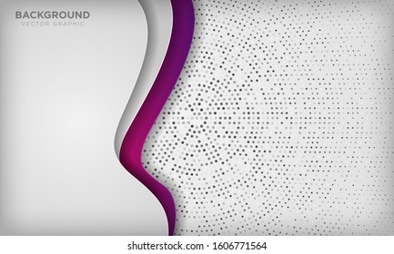 White abstract wave papercut layers background with colorful purple gradient. Texture with silver circle radial halftone. Vector illustration.