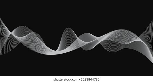 Fundo de ondas abstratas brancas em preto. Ilustração de vetor de linhas de curvas de grade de prata. Padrão de redemoinho digital. Elemento de design de moda moderna elegante. Ciência, tecnologia e conceito de ia.