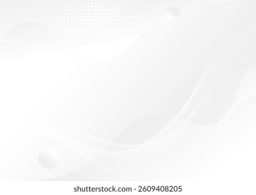 White abstract wavy background with circles and flowing line. Vector illustration.