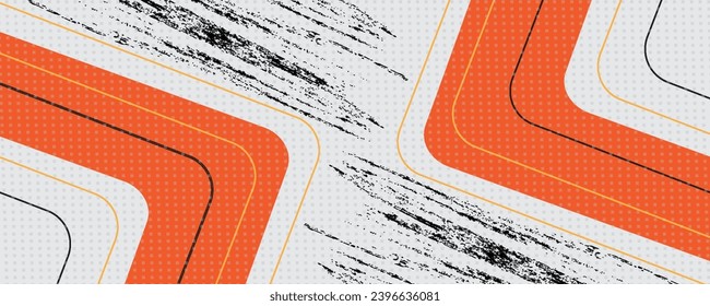 White abstract wide horizontal banner with orange and gray stripes, arrows and angles. Bright modern sporty bright futuristic abstract background. Wide vector illustration