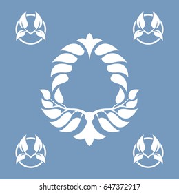 White abstract wreath on a blue background. Foliate element. Deciduous ornament.
