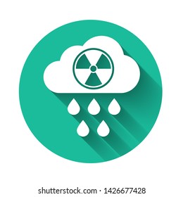 White Acid rain and radioactive cloud icon isolated with long shadow. Effects of toxic air pollution on the environment. Green circle button. Vector Illustration