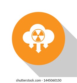 White Acid rain and radioactive cloud icon isolated on white background. Effects of toxic air pollution on the environment. Orange circle button. Vector Illustration