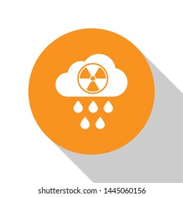 White Acid rain and radioactive cloud icon isolated on white background. Effects of toxic air pollution on the environment. Orange circle button. Vector Illustration