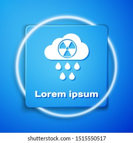 White Acid rain and radioactive cloud icon isolated on blue background. Effects of toxic air pollution on the environment. Blue square button. Vector Illustration