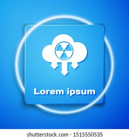 White Acid rain and radioactive cloud icon isolated on blue background. Effects of toxic air pollution on the environment. Blue square button. Vector Illustration