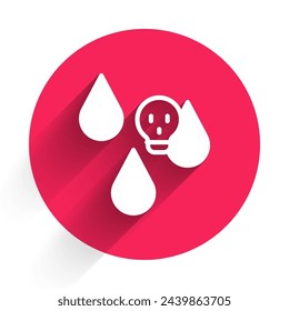 White Acid rain and radioactive cloud icon isolated with long shadow background. Effects of toxic air pollution on the environment. Red circle button. Vector