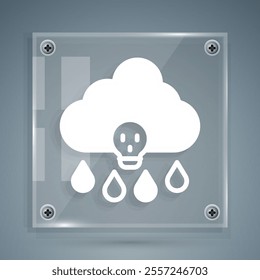 White Acid rain and radioactive cloud icon isolated on grey background. Effects of toxic air pollution on the environment. Square glass panels. Vector