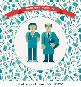 White ackground with different blue medical instruments and two hand drawn male doctor in middle vector illustration