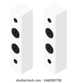 White acoustic speakers, loudspeakers isolated on white background isometric view