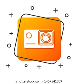 White Action extreme camera icon isolated on white background. Video camera equipment for filming extreme sports. Orange square button. Vector Illustration