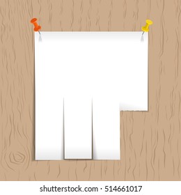 White ad pattern with pins on the board. Advert on wooden texture background. Vector illustration.